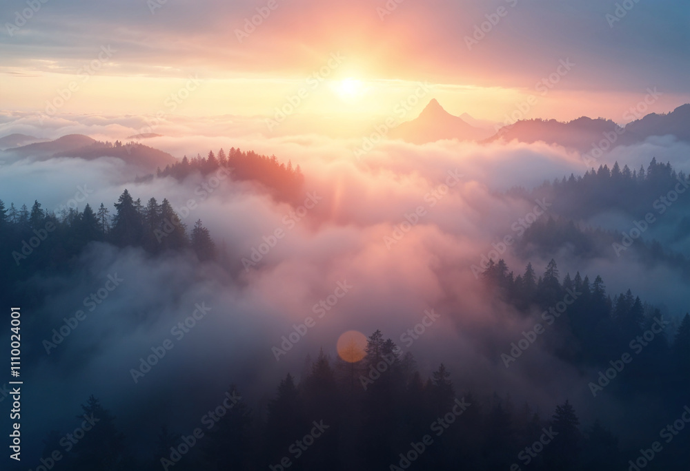 Obraz premium Fog and mountains in the morning high angle form drone