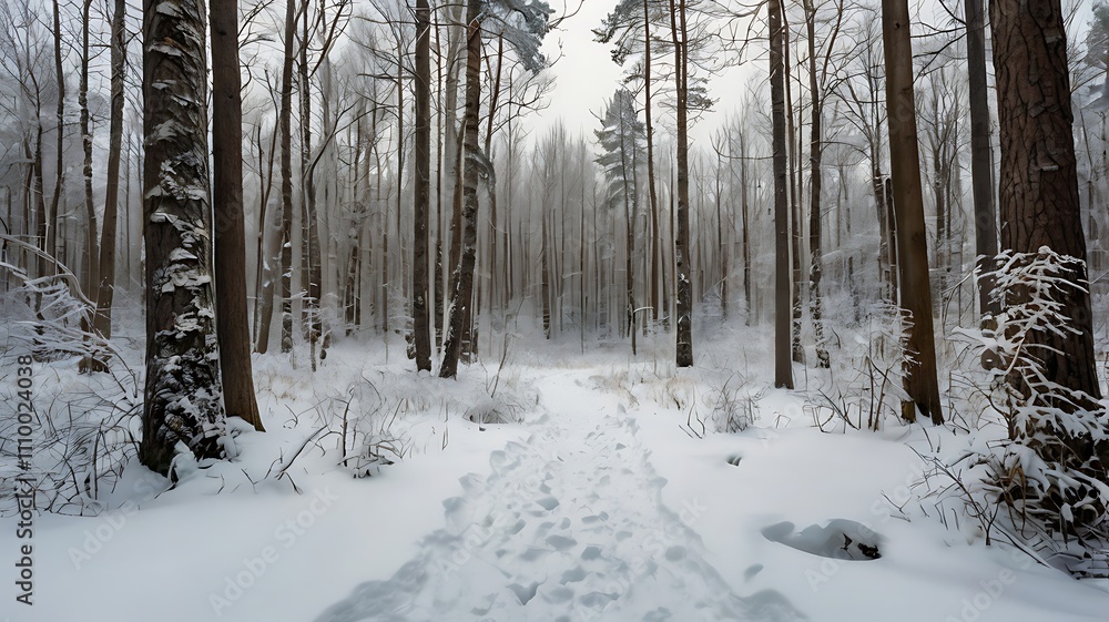 Naklejka premium Winter Forest with Animal Tracks: Tranquil Snowy Wilderness