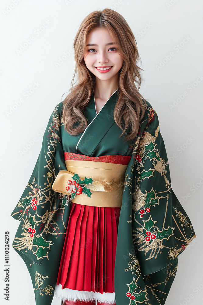 young Asian woman in a Christmas-themed kimono, isolated on a solid white background. The kimono is a luxurious deep forest green with intricate gold holly and mistletoe patterns. young Asian woman in a Christmas-themed kimono, isolated on a solid white background. The kimono is a luxurious deep forest green with intricate gold holly and mistletoe patterns.