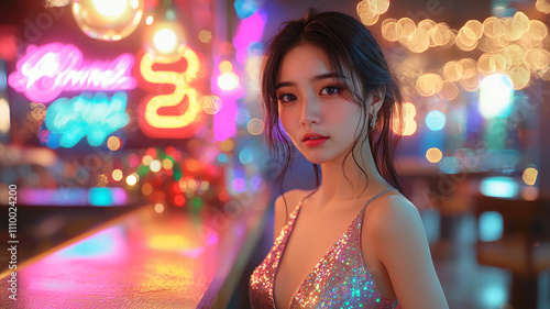 a young Asian woman in a sleek, fashionable night party dress standing in a stylish, Christmas-decorated pub or bar.Neon lights in the background  photo