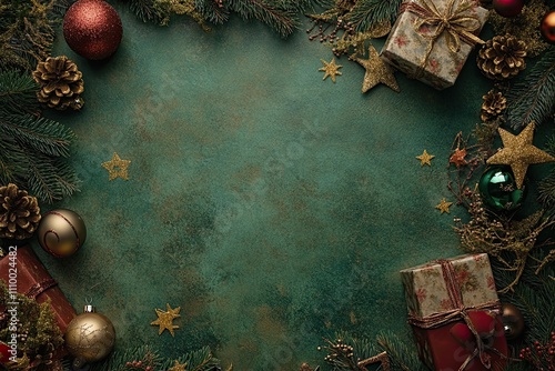 Festive Christmas background with ornaments, gifts, and pine branches on a rustic green surface.