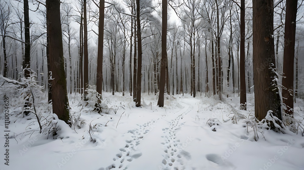 Winter Forest with Animal Tracks: Tranquil Snowy Wilderness