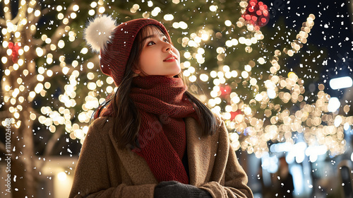 An Asian teen woman stands outside, wrapped in a cozy red scarf and a long wool coat, gazing up at the sparkling Christmas lights hanging from the trees.  photo