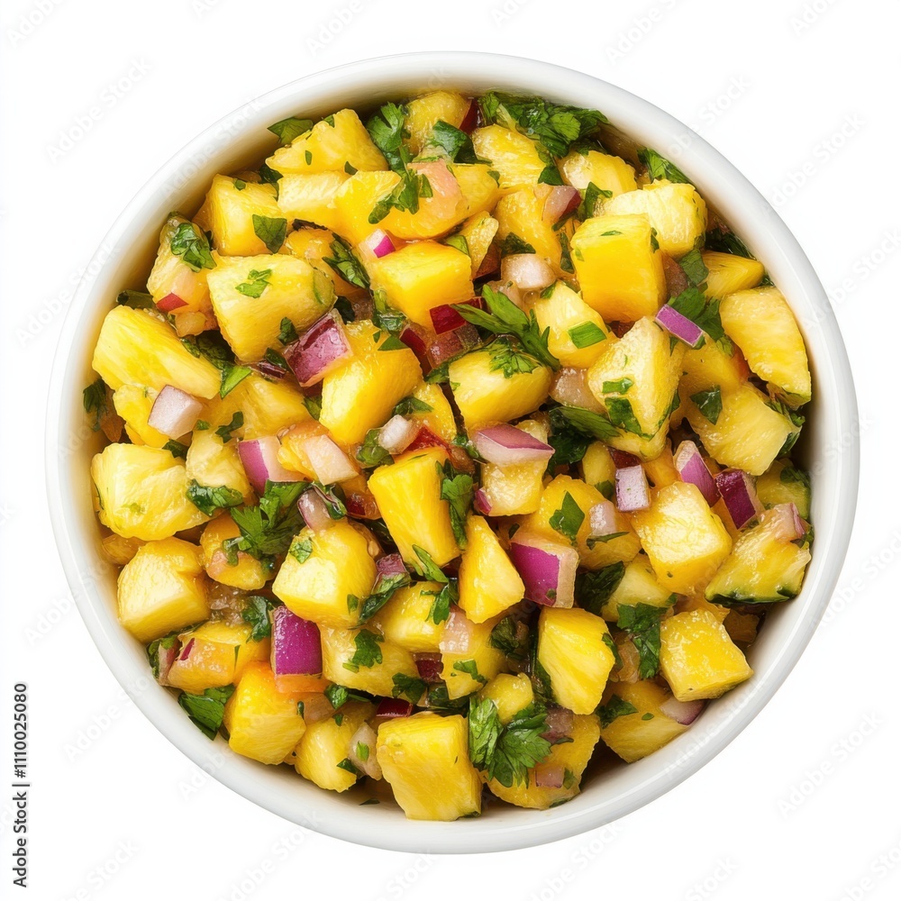 A tangy pineapple and mango salsa with diced pineapple, mango, red onion A tangy pineapple and mango salsa with diced pineapple, mango, red onion
