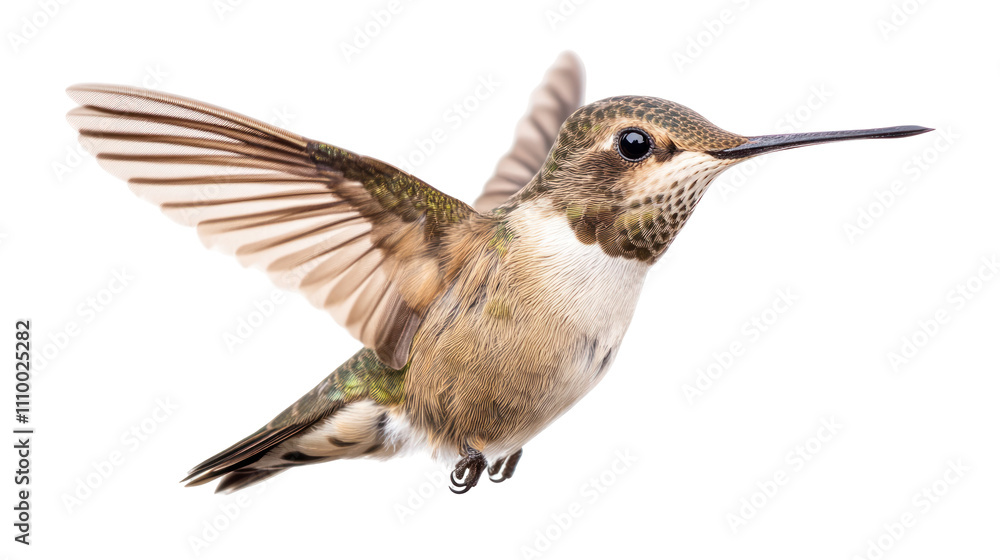 Fototapeta premium A close-up of a hummingbird in mid-flight, showcasing its iridescent feathers and rapid wing movement.