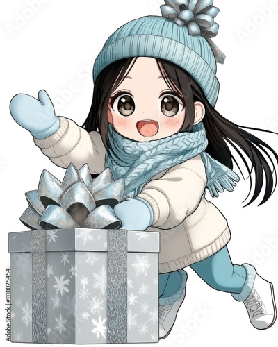 chibi-sized cute girl wearing a cozy winter outfit with a knitted beanie, scarf, and mittens, in light blue and white colors, standing beside a huge New Year present box photo