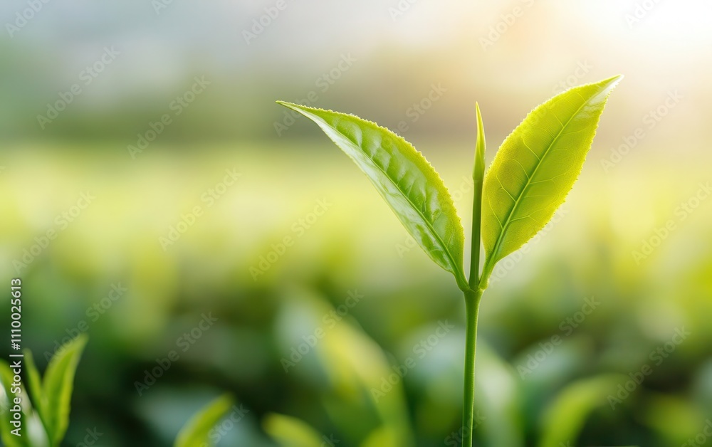 Closeup of tea leaf in gentle sunlight, soft blur background, freshly picked, organic menu banner Closeup of tea leaf in gentle sunlight, soft blur background, freshly picked, organic menu banner