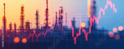 Oil refinery in the distance with stock growth line overlaying industrial structures, energy sector growth, infrastructure outlook