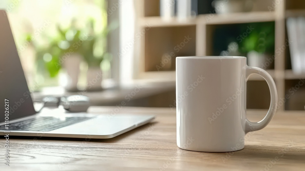 Modern office setup coffee mug and laptop on desk in bright workspace minimalist design Modern office setup coffee mug and laptop on desk in bright workspace minimalist design