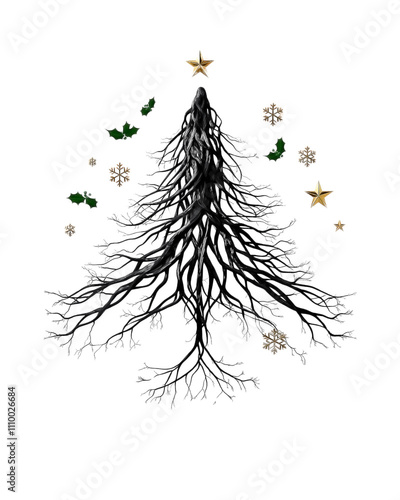 Christmas-inspired sculpture where intricate tree roots intertwine, forming the shape of a Christmas tree. The roots twist and branch elegantly, creating a natural, organic look  photo