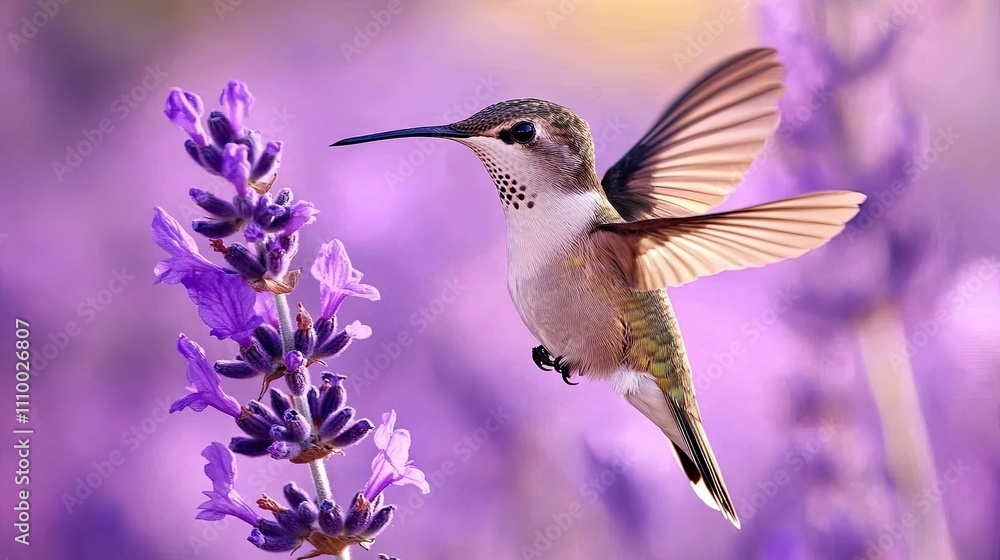 Fototapeta premium Hummingbird hovering near lavender flowers in a garden.