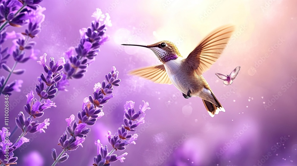 Naklejka premium Hummingbird hovering near lavender flowers with a butterfly in a sunlit garden.