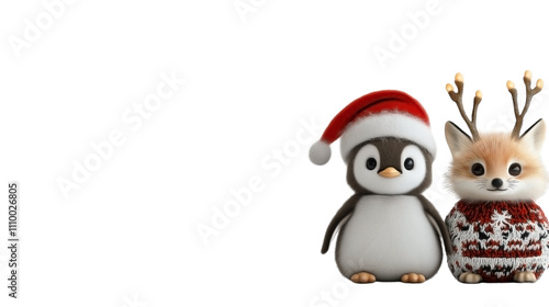 a baby penguin, a reindeer, and a tiny fox, all dressed in Christmas-themed costumes, isolated on transparent background. photo