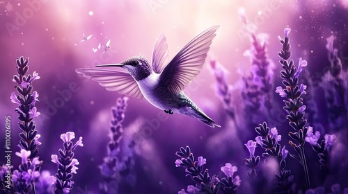 Wallpaper Mural Hummingbird in flight above a field of purple lavender flowers, bathed in soft light. Torontodigital.ca