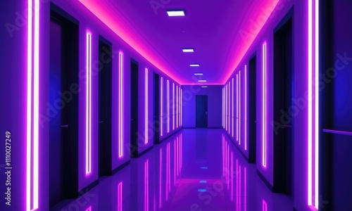 Futuristic neon corridor with vibrant purple and blue lighting