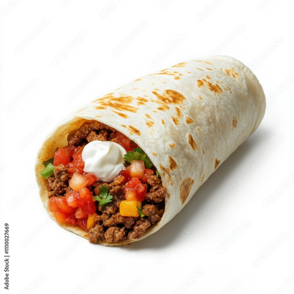 A Tex-Mex beef burrito with salsa and sour cream, isolated white background, minimalist art style A Tex-Mex beef burrito with salsa and sour cream, isolated white background, minimalist art style