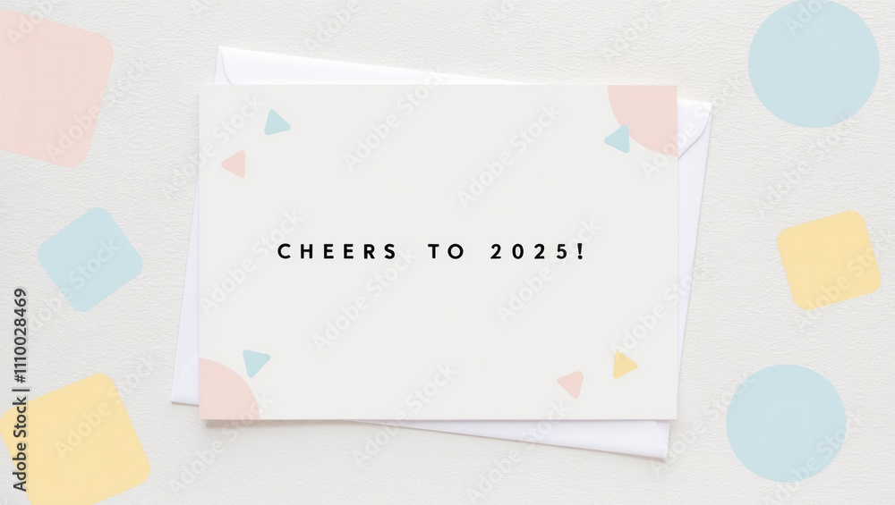 A pastel themed New Year card on a white background, with light pink, baby blue, and soft yellow geometric shapes scattered subtly with text Cheers to 2025! A pastel themed New Year card on a white background, with light pink, baby blue, and soft yellow geometric shapes scattered subtly with text Cheers to 2025!