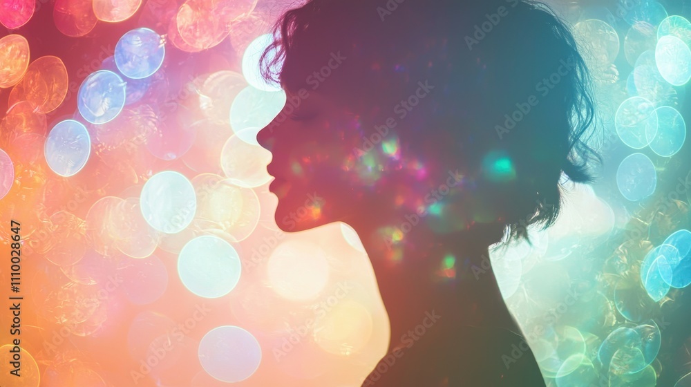 Woman silhouette with rainbow gradient and playful bokeh lights abstract artistic concept