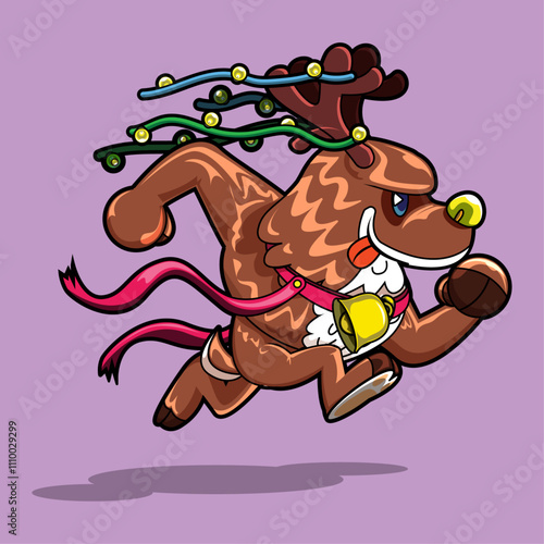 Deer delivering Christmas presents on purple background