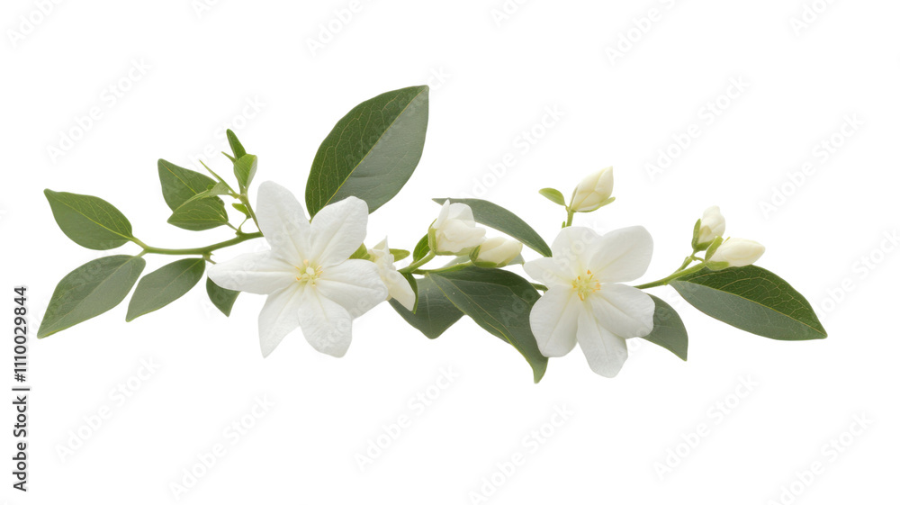 A delicate arrangement of white flowers and green leaves, ideal for decorative purposes or floral design. A delicate arrangement of white flowers and green leaves, ideal for decorative purposes or floral design.