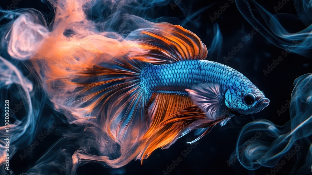 Obraz premium High resolution 16K image of betta fish with beautiful colors wagging tail with smoke effect on black background