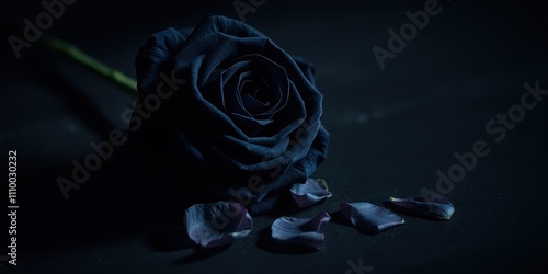 A single black rose lays in the dark, petals scattered like fallen stars, bathed in an ethereal glow. photo