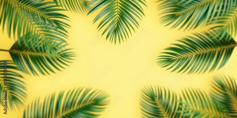 A vibrant background of green palm leaves against a bright yellow backdrop, creating a natural and summery scene. A vibrant background of green palm leaves against a bright yellow backdrop, creating a natural and summery scene.