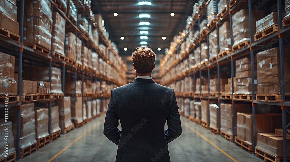 Business Leader Overseeing Automated Warehouse with Drones Delivering Packages Business Leader Overseeing Automated Warehouse with Drones Delivering Packages