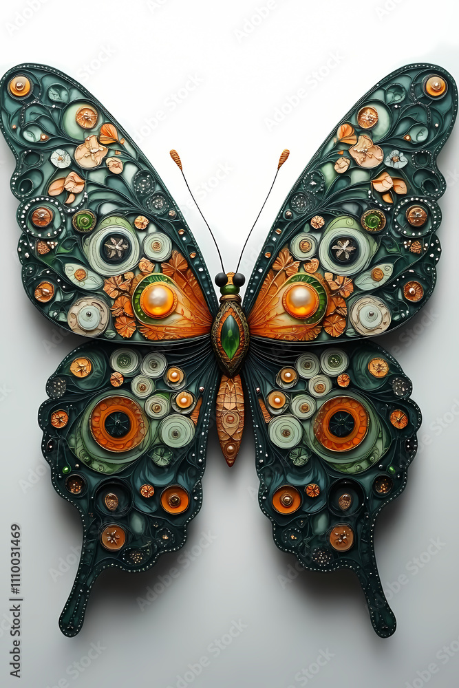 a butterfly ,The image shows a symmetrical mandala pattern intricately carved into the butterfly's wings. a butterfly ,The image shows a symmetrical mandala pattern intricately carved into the butterfly's wings.