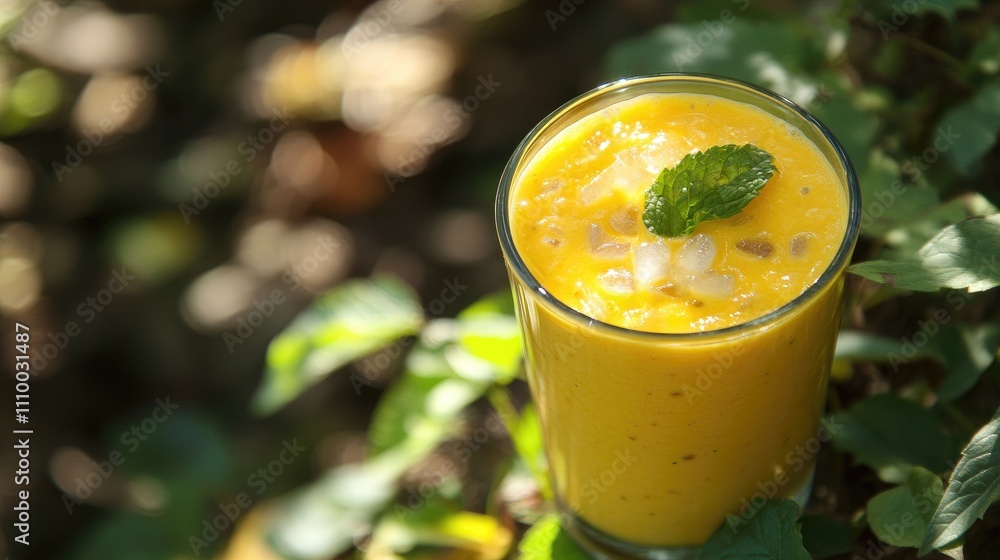 Refreshing Mango Smoothie with Ice and Mint Garnish in Sunlit Garden Refreshing Mango Smoothie with Ice and Mint Garnish in Sunlit Garden