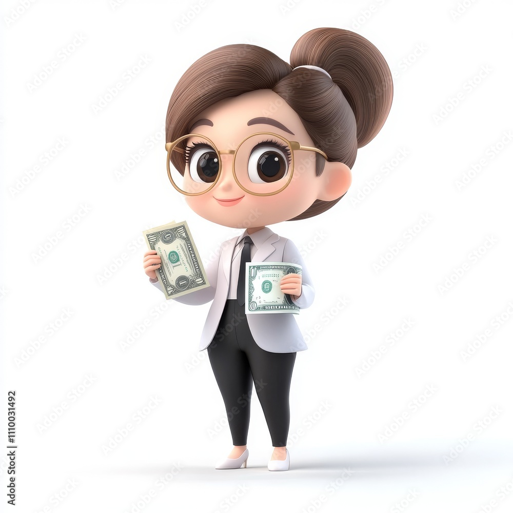 Cute Cartoon Businesswoman Holding Money in Professional Suit