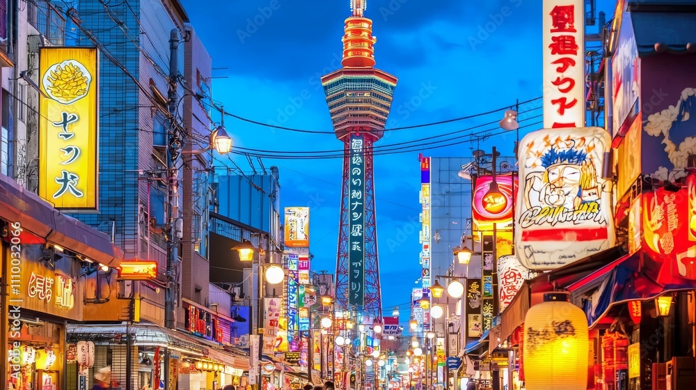Fototapeta premium Evening Street Food Scene in Osaka with Locals