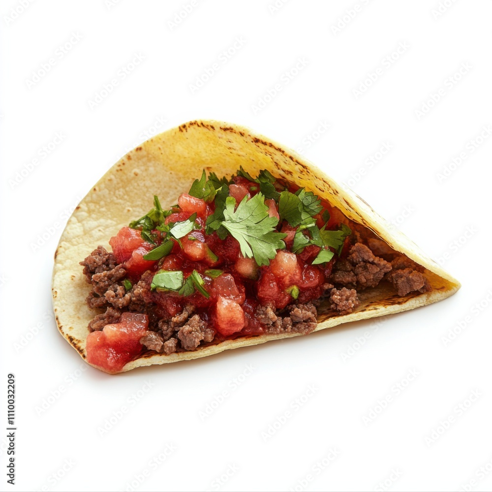 A Tex-Mex beef taco with salsa and cilantro, isolated white background, minimalist art style A Tex-Mex beef taco with salsa and cilantro, isolated white background, minimalist art style