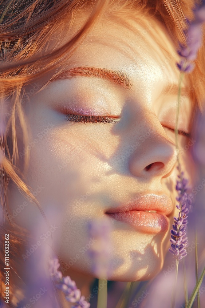 Tranquil Woman Relaxing Among Lavender Flowers in Natural Light Tranquil Woman Relaxing Among Lavender Flowers in Natural Light