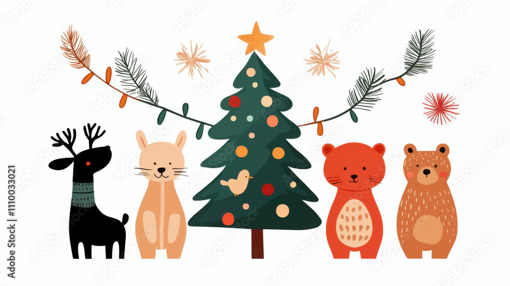Fototapeta premium Festive animals gather around colorful Christmas tree with joy