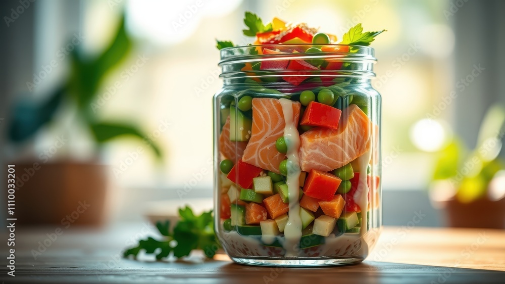 A mason jar filled with a colorful salad featuring diced salmon, avocado, carrots, peas, bell peppers and a creamy dressing, ready to be enjoyed as a healthy meal A mason jar filled with a colorful salad featuring diced salmon, avocado, carrots, peas, bell peppers and a creamy dressing, ready to be enjoyed as a healthy meal