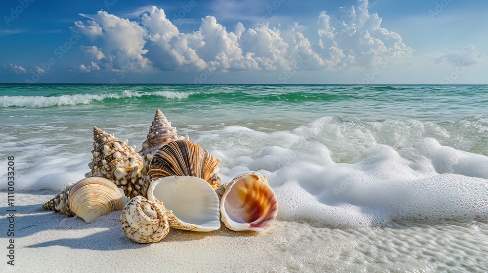 Seashells on a sunny beach with ocean waves. Seashells on a sunny beach with ocean waves.