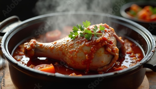 A pot of stew with a meaty piece of chicken topped with herbs