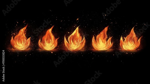 Five vibrant flames on black background. Ideal for designs needing fire, energy, or heat. photo