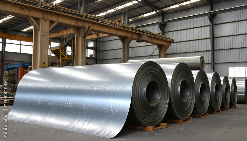 Large Aluminum or Steel Sheet Rolls Ready for Industrial Manufacturing and Heavy Production Use. Large Aluminum or Steel Sheet Rolls Ready for Industrial Manufacturing and Heavy Production Use.