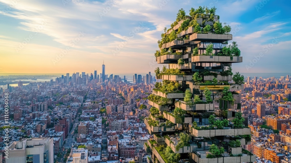 Obraz premium Urban Jungle: Green Architecture Transforming New York City Skyline at Sunset