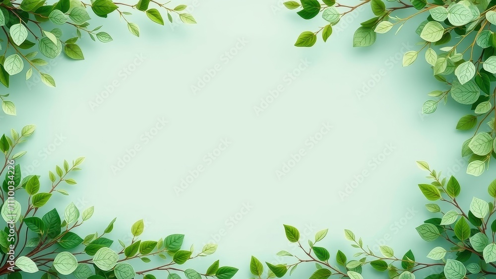 A frame of vibrant green foliage arranged around a soft mint background, showcasing the beauty of nature's simple elegance A frame of vibrant green foliage arranged around a soft mint background, showcasing the beauty of nature's simple elegance
