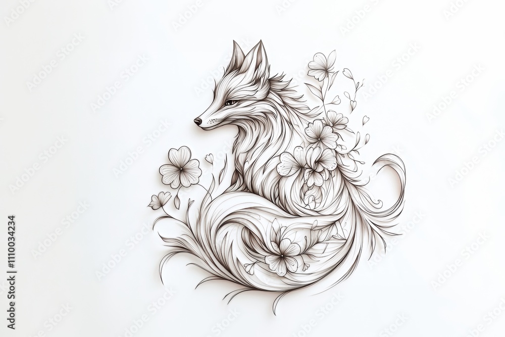A stylized illustration of a fox surrounded by floral elements. A stylized illustration of a fox surrounded by floral elements.