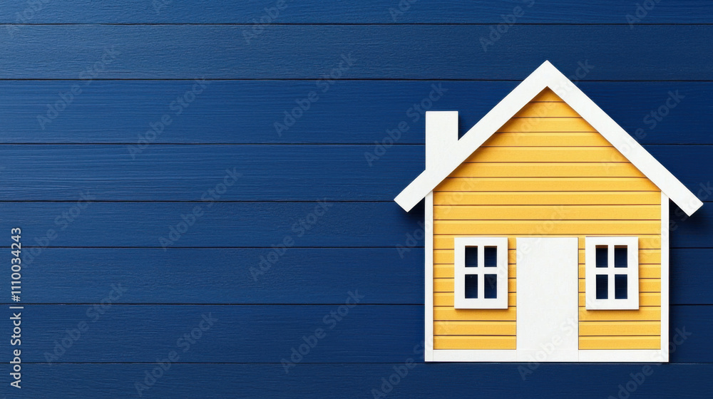 bright yellow house icon on blue wooden background, symbolizing home bright yellow house icon on blue wooden background, symbolizing home