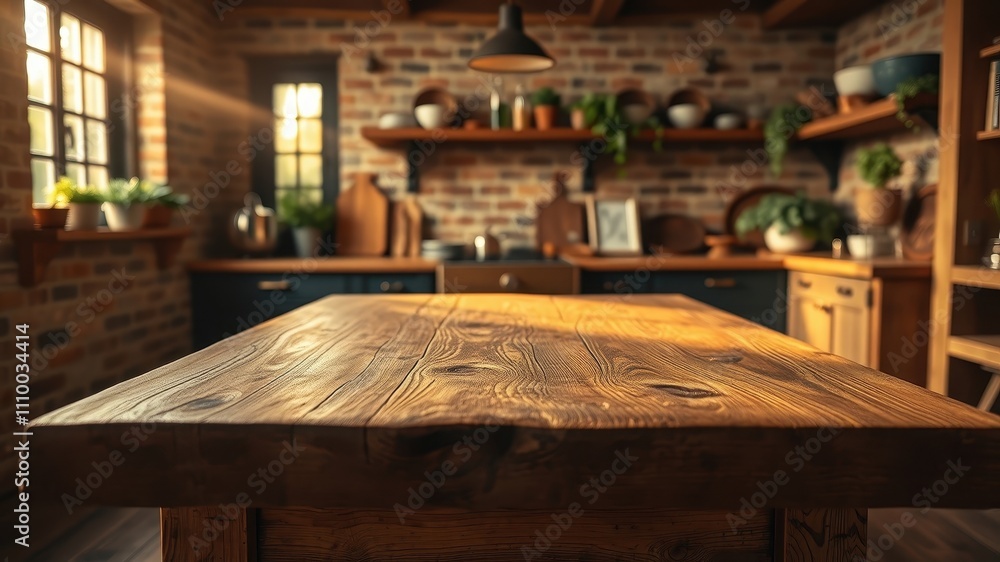 Rustic kitchen with a wooden table in the center, with a warm, natural light streaming in from the window, showcasing a country-style ambiance Rustic kitchen with a wooden table in the center, with a warm, natural light streaming in from the window, showcasing a country-style ambiance