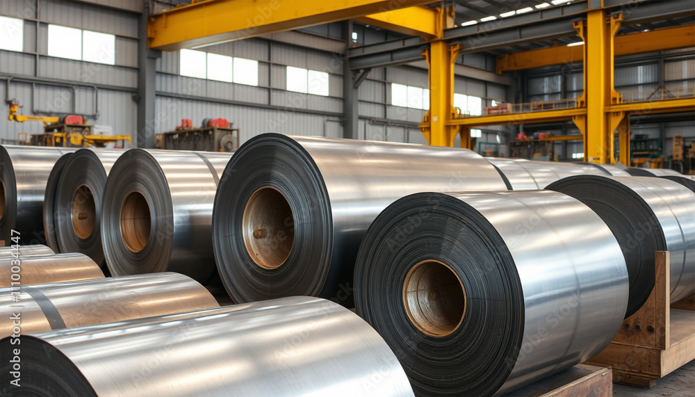 Large Aluminum or Steel Sheet Rolls Ready for Industrial Manufacturing and Heavy Production Use. Large Aluminum or Steel Sheet Rolls Ready for Industrial Manufacturing and Heavy Production Use.