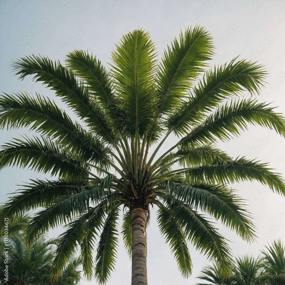 A lush tropical palm tree with broad green fronds, standing tall against a white background. A lush tropical palm tree with broad green fronds, standing tall against a white background.