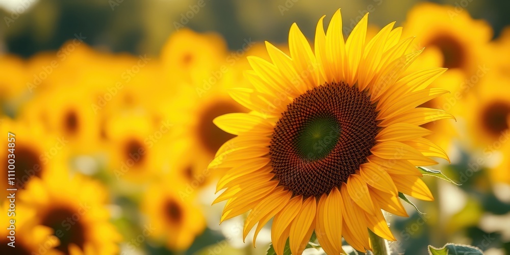 Fototapeta premium A vibrant sunflower with golden petals stands tall, basking in the warm sunlight, surrounded by a field of its brethren, creating a breathtaking display of nature's beauty.