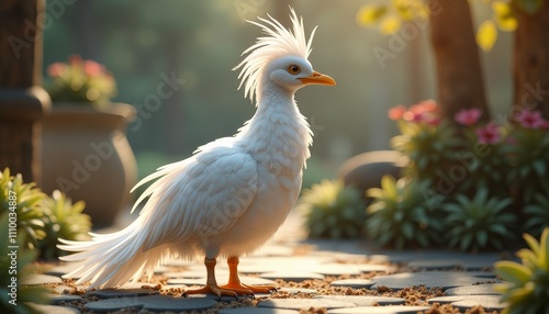 White bird with orange feet standing on stone walkway photo