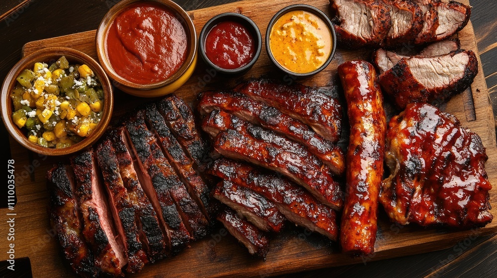 A delicious assortment of barbecued meats served with sauces and sides on a wooden platter. A delicious assortment of barbecued meats served with sauces and sides on a wooden platter.